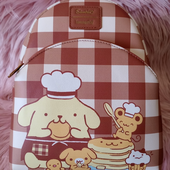 Sanrio Pompompurin Gingham Mini Backpack - Brown & White with Pancake Graphic - Picture 4 of 8